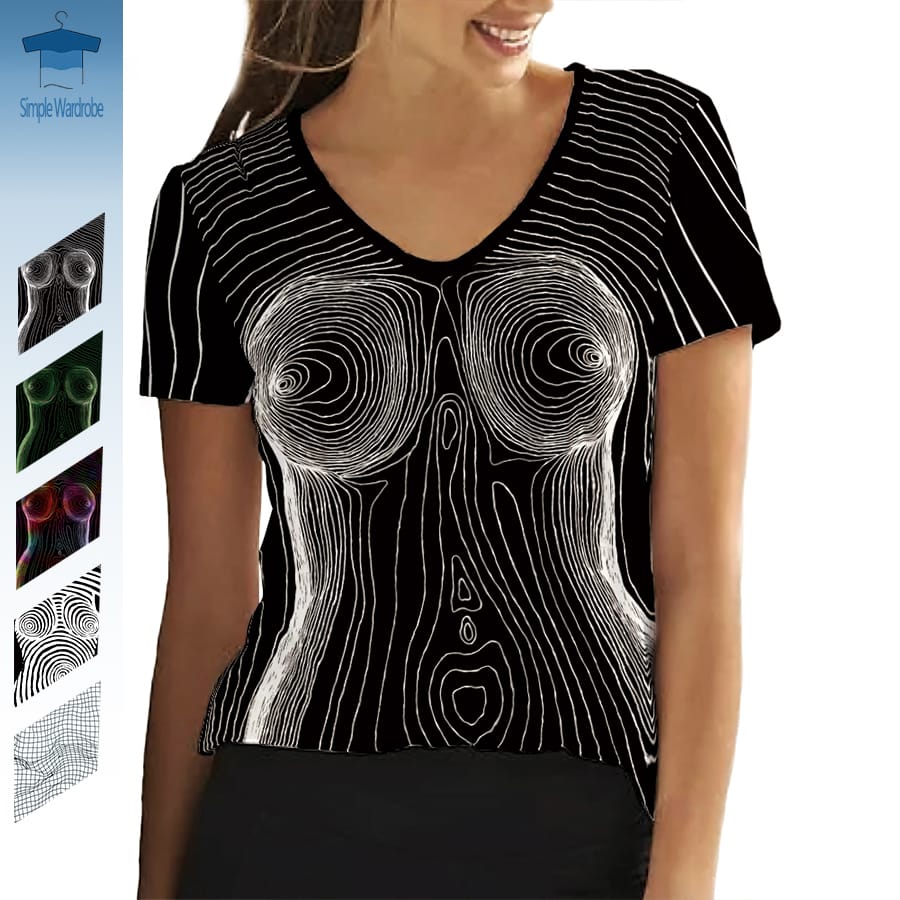 3D Printed V-neck Women's T-shirt Art Upcycle Clothes Ideias Fashion Outfits Abstract Body Funny Sexy Popular Female Y2K Top