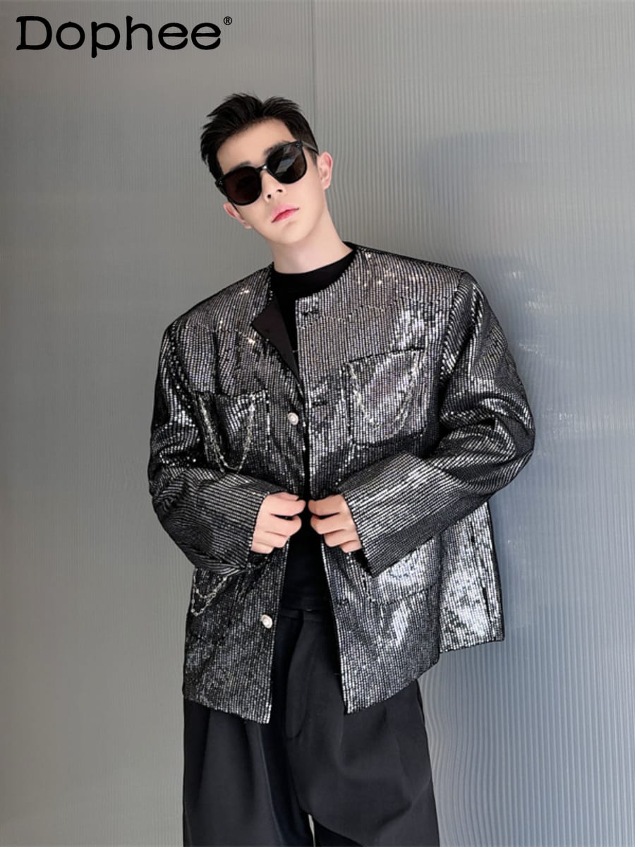 2024 Spring Fashion Fried Street Glossy Jackets Men's Solid Color Short Jacket Trendy High-End Long-Sleeved Single-Breasted Top