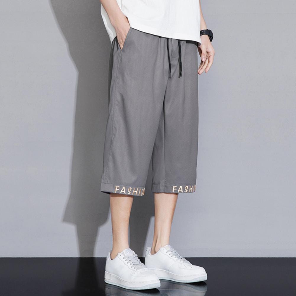 Men Trousers Stylish Men's Cropped Pants with Elastic Waistband Adjustable Drawstring Featuring Letter Embroidery for Casual