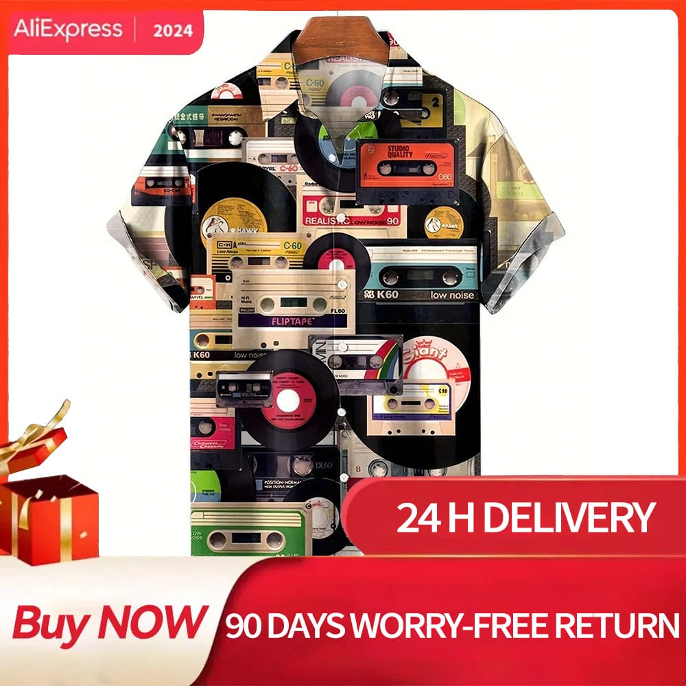 Summer Casual Daily Loose Shirt Retro Record Cassette Print Men's Clothing Fashion Versatile Top Suitable Street Vacation Beach