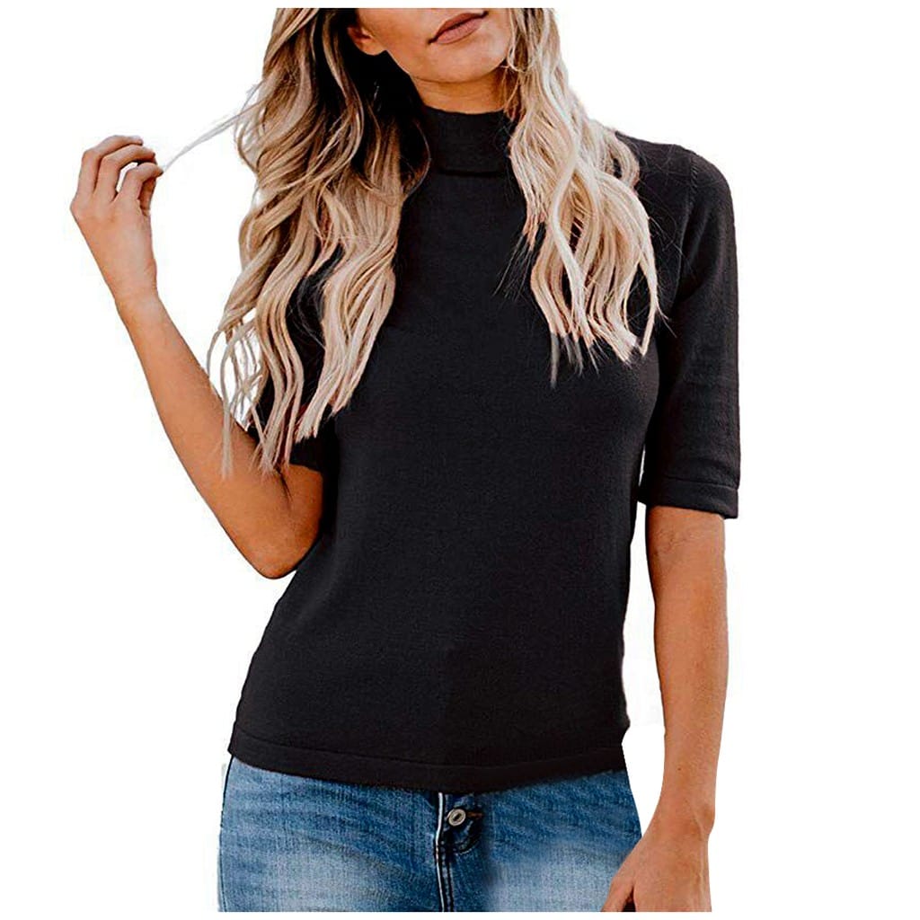 Women'S Long Sleeve Top Summer Small High Neck Tees Solid Colour Half Sleeve Casual T-Shirt Elegant Slim Fit Versatile T-Shirt