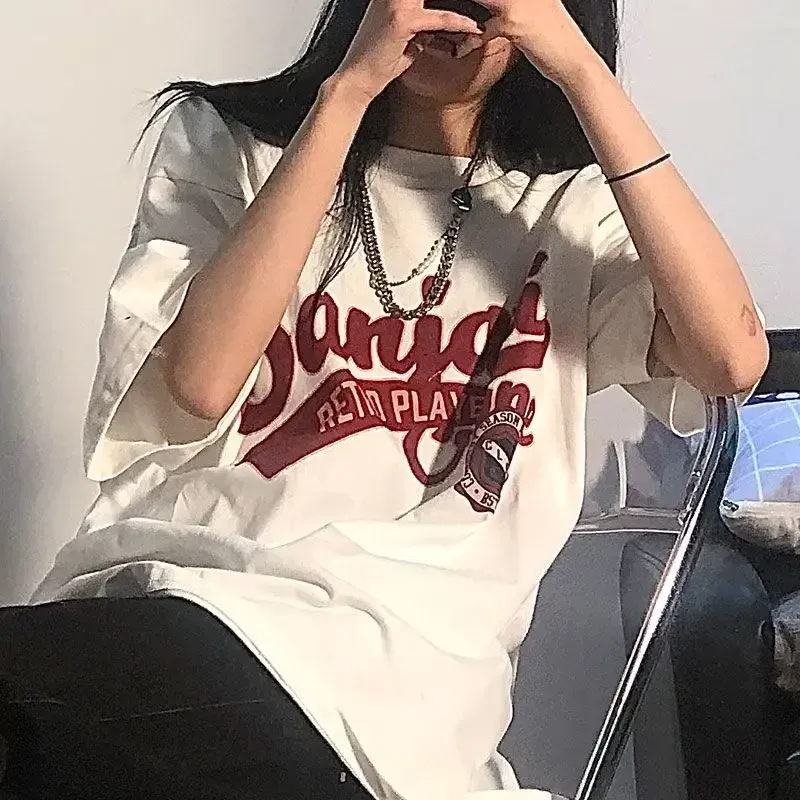 Women's T-shirt Retro Short Sleeved Half Oversized T-shirt Tops Loose Korean Version Female Harajuku Y2k Top Aesthetic