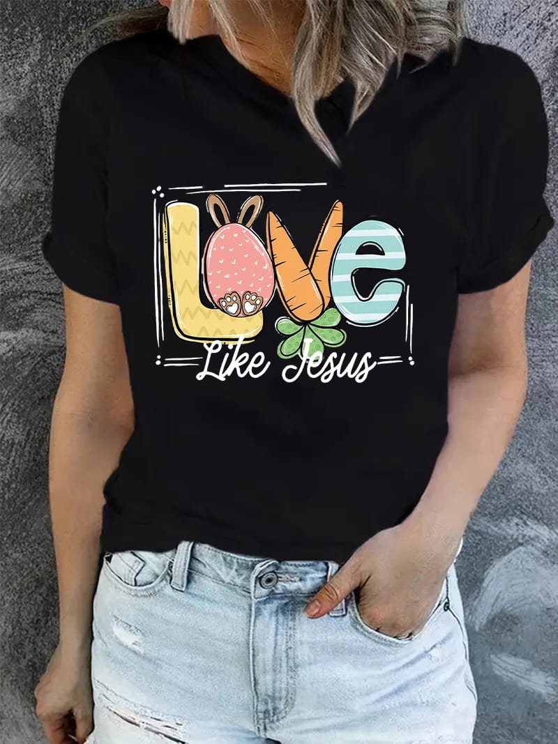 Carrot Print Love Jesus Summer Short Sleeved T-Shirt Fashion Street Round Neck Top Women's Harajuku Style T-Shirt