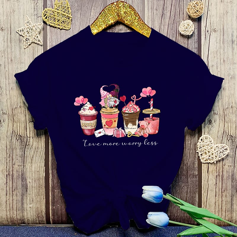 Women'S Fashion Funny Valentine'S Day Coffee Love More Worry Less Letter Print T Shirt Summer Unisex Loose Casual Plus Size tops