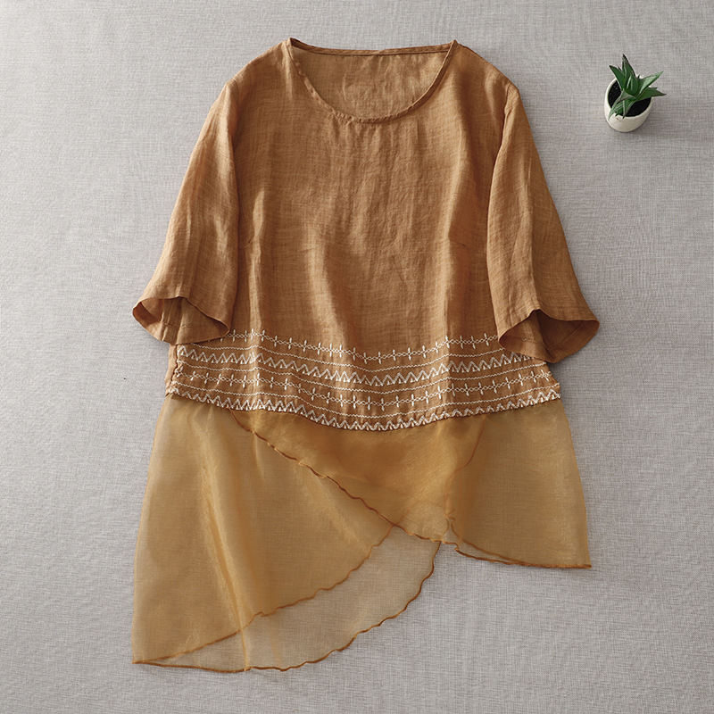 2023 Summer New Women's Shirts Cotton and Hemp Oversize Solid Loose Casual Mid Sleeve Shirt and Blouses for Women FEW6986