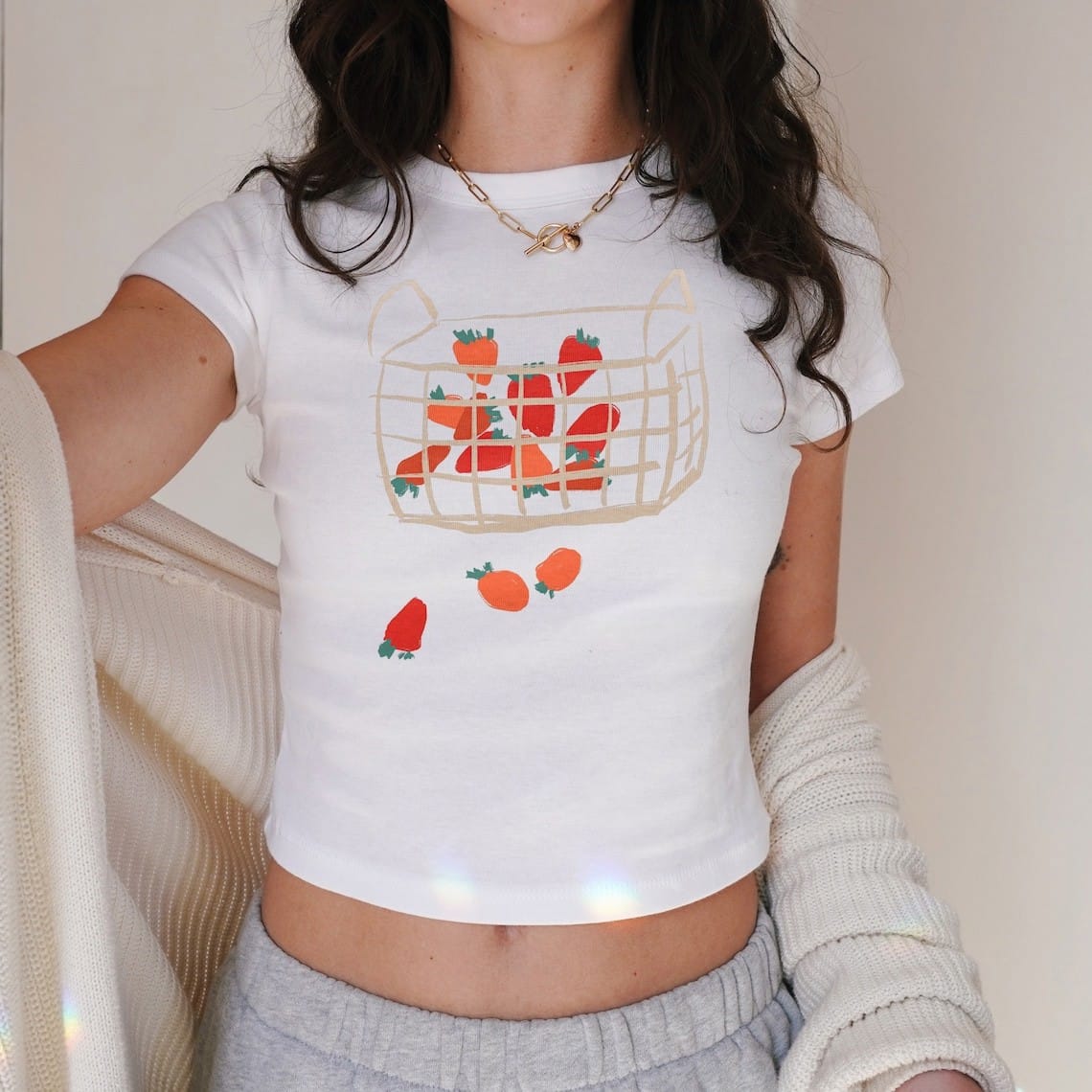 Y2k Women's Clothing Vintage Streetwear Fruit Cut Kawaii Casual Round Neck Short Sleeved T-Shirt Tight Fit Baby Tee bottom shirt