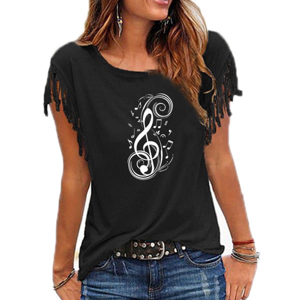 New Fashion Women Musical Note graphic Print Women Cotton Tassel Casual T-shirt Women's Tees Short Sleeve O-neck Femme t shirt