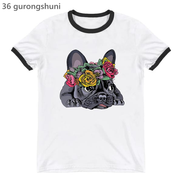 Funny Pugs Flowers Graphic Print T-Shirt Women'S Clothing Harajuku Kawaii  Dog Lover Tshirt Femme Summer Fashion T Shirt Female
