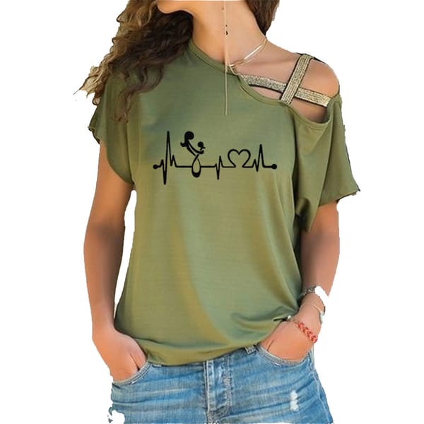 Women's T-shirt ladies casual Harajuku short sleeve heart-shaped printing Irregular Skew Cross Bandage Tshirt
