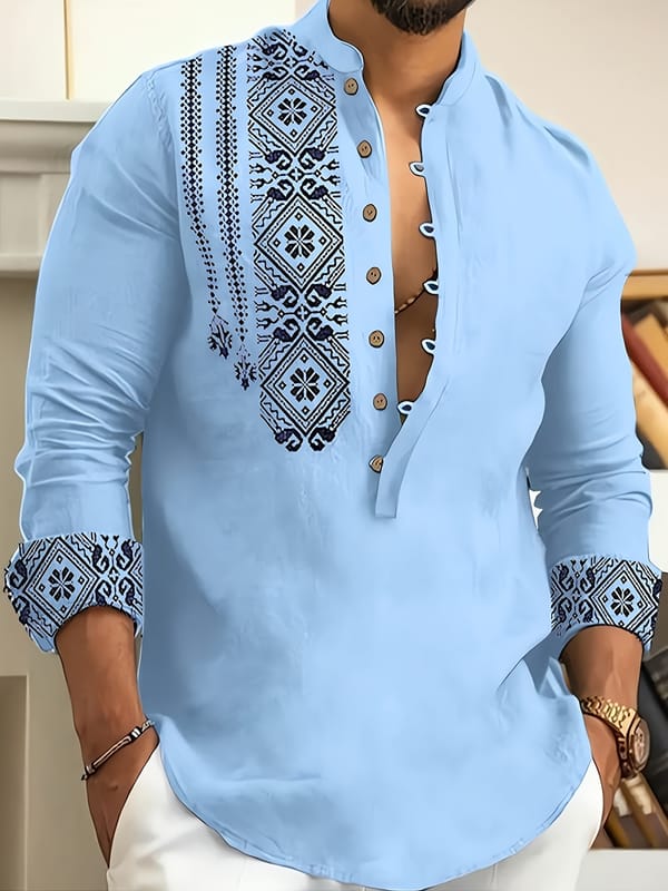 Men's ethnic style fashion geometric pattern long sleeve henley shirt, comfortable and breathable casual slightly stretchy top
