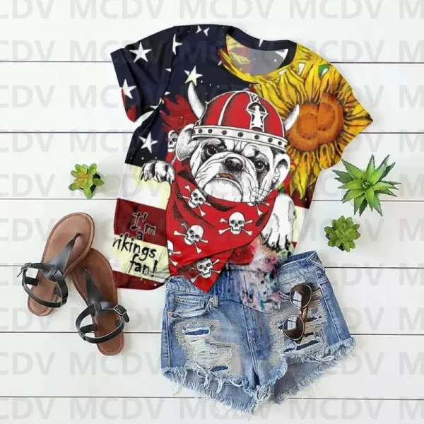 American Flag Funny Cat Crew Neck Print T-shirt 3D All Over Printed Summer women's T Shirts