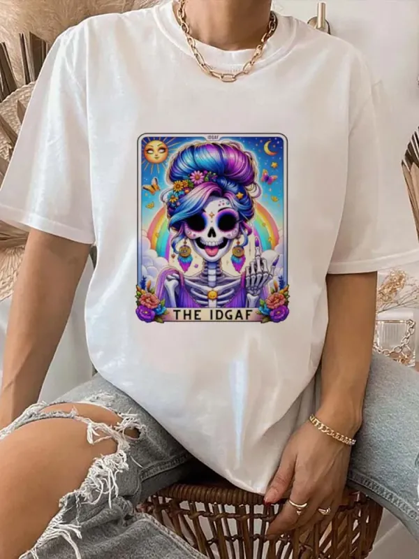 The Idgaf T-Shirt Printed Short Sleeved Women's Fashion Trend T-Shirt Printed Short Sleeved Casual Style O-Neck Tarot Brand T-Sh