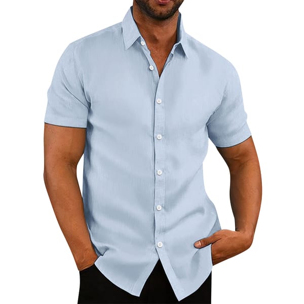 Men'S Cotton Linen Shirts Summer Causal Short Sleeved Lapel Shirts Daily Commute All-Match Fitting Solid Color Blouse Tops