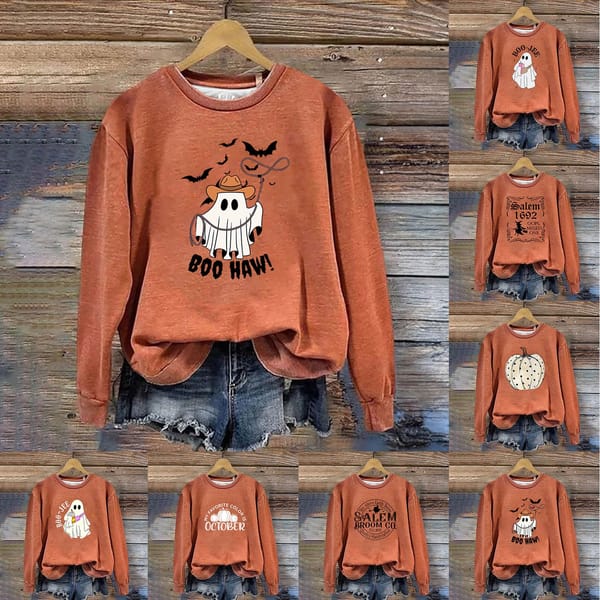 Womens Long Sleeved Round Neck Large Sweater Halloween Printed Women's Fashion Printed Top Outerwear Exercise Running