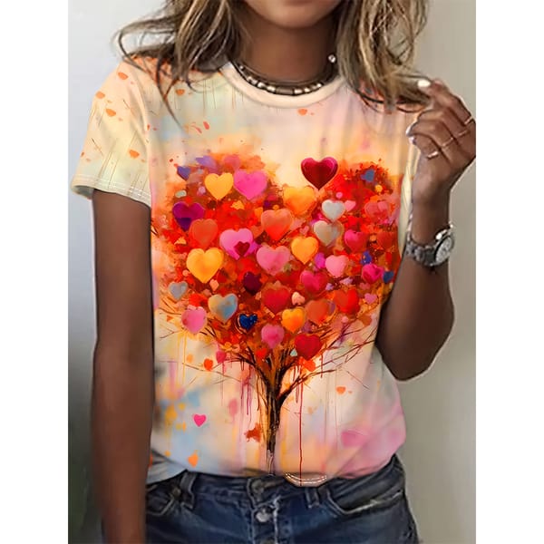 Women's T-shirt Love Tree Print T-shirt Cute Colourful Niche Design Harajuku Casual Short Sleeved Top Plus Size Women's Clothing