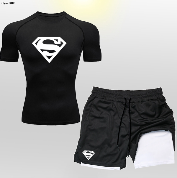 Super/Hero Men's Compression Shirts 2 in 1 Shorts Set Man Sportswear Fitness Gym Workout Rash Guard Kits Quick Dry Shirt Shorts