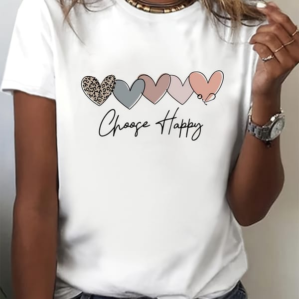 Heart & Happy Letter Print T-shirt - Women's Cute Short Sleeve Crew Neck Top