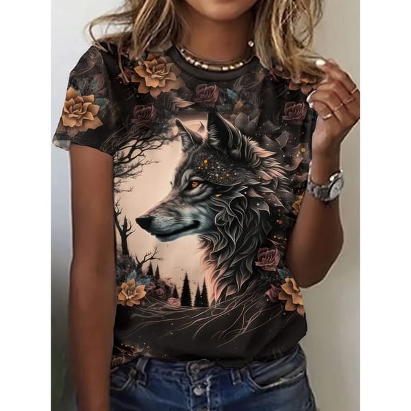 Women's T-Shirt With Floral Wolf Print Niche Design Harajuku Casual Short Sleeved Top Fashionable Plus Size Women's Clothing