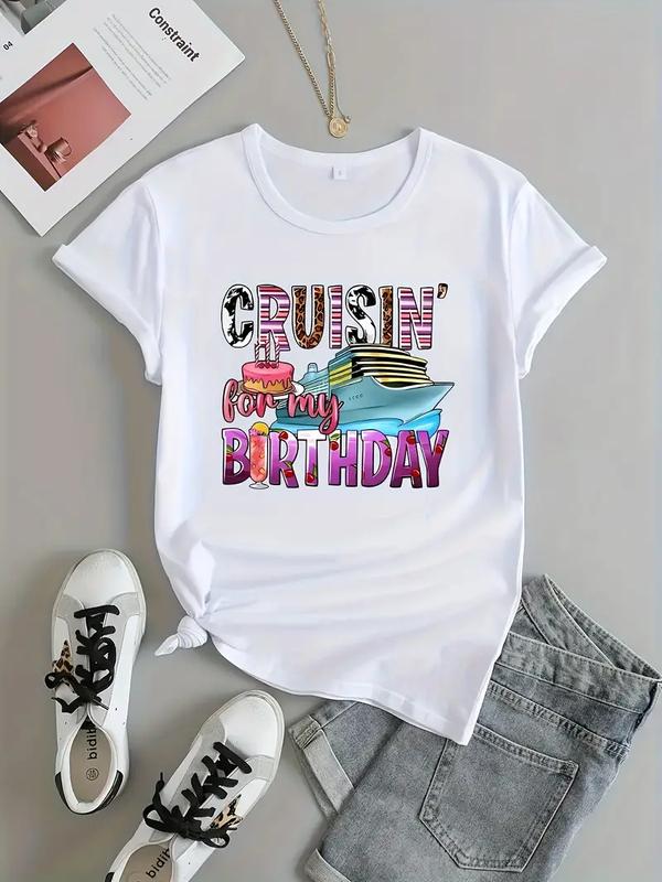 Birthday Letter Printed Short Sleeved Casual Women's Fashion Women's Pattern T-shirt Women's Printed Summer T-shirt