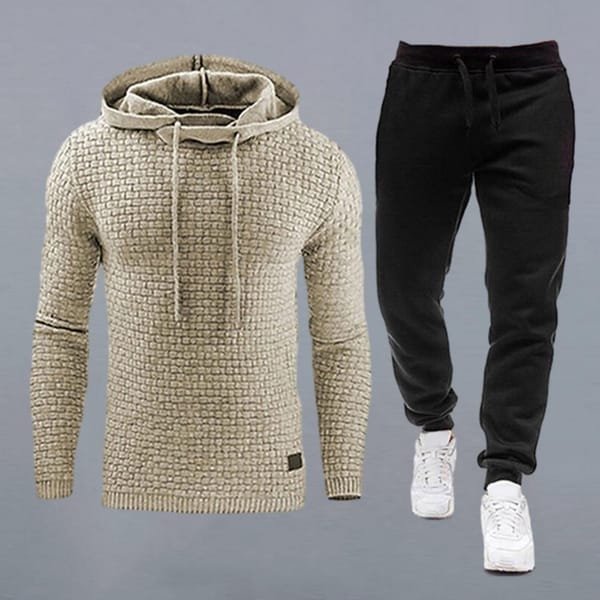 Casual Hooded Suit Men's Waffle Texture Hoodie Pants Set for Fall Winter Sports Solid Color Long Sleeves Elastic Waist