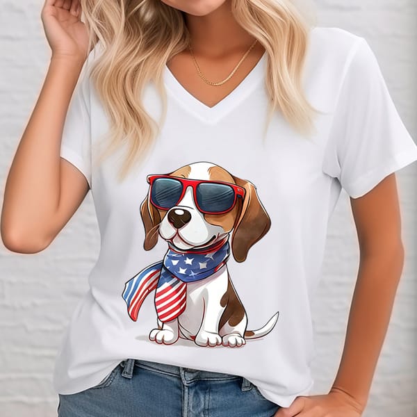 Beagle Dog American Graphic T Shirts Women Patriotic Dog T Shirt V-neck Women's Clothing Short Sleeve Dog Lover Shirt Casual Top