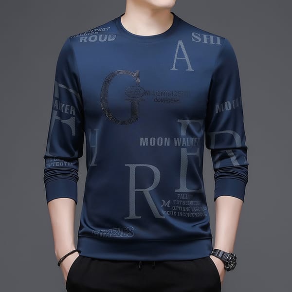 New Men's Printed T-shirt Long-sleeved Round Neck Thin Fashionable Fall Tops