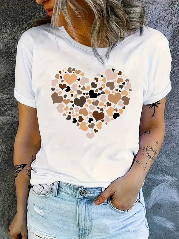 Love patchwork brown women's T-shirt summer fashionable short sleeved T-shirt top printed O-neck casual T-shirt women's clothing