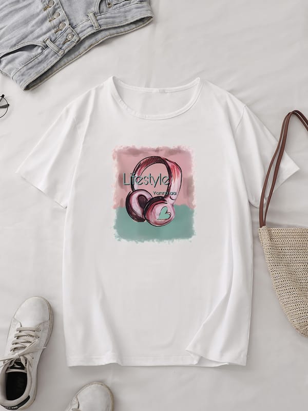 Earphone Print Casual T-Shirt, Round Neck Short Sleeves Versatile Tee, Women's Sports Tops