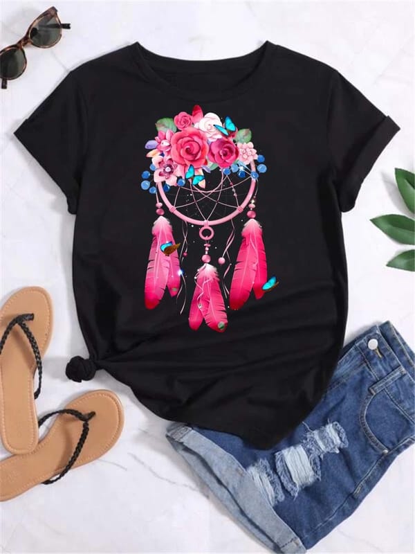 Harajuku T Shirts for Women Feather Print Crew Neck Cartoon Love Sweet Cute Trend Print T-Shirt Shirt Women's Female T-Shirt