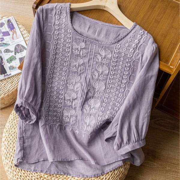 New Women's Summer Retro V-neck Embroidered Half Sleeve Sleeves Loose Fashion Casual Solid Color Ruched Cotton Linen Shirts Tops