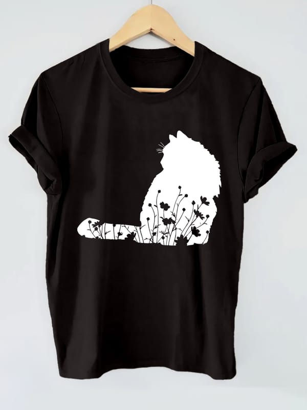 Cat Print T-shirt, Short Sleeve Crew Neck Casual Top For Summer & Spring, Women's Clothing