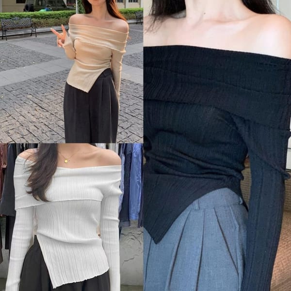 Women's Long Sleeve Off Shoulder Crop Top T Shirt Casual Fit Blouse Tshirts Sexy Stretchy Ribbed Knit Tops Gift