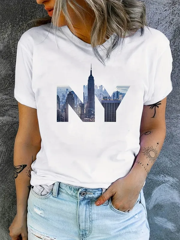 Summer Short Sleeve Casual Top, Women's Clothing NY Print T-Shirt,