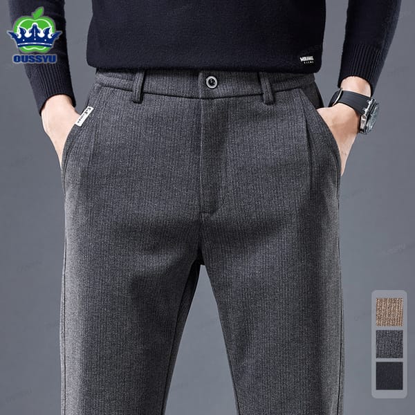 High Quality Autumn Winter Stripe Men's Suit Pants Elastic Waist Business Grey Stretch Thick Korea Office Formal Trousers Male