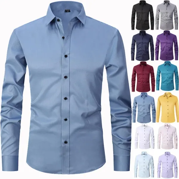 Men's long sleeved shirt, elastic, non ironing, wrinkle resistant, minimalist, business casual, silky, and traceless white shirt