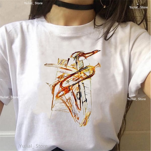 Saxophone And Trumpet Print Tshirt Women'S Clothing Funny White T Shirt Femme Harajuku Shirt Summer Fashion Female T-Shirt Tops