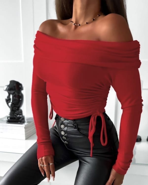 Elegant Blouses 2024 Spring Women's Clothing Sexy Off Shoulder Ruched Drawstring Top Daily Casual Long Sleeve Slim Fit Top