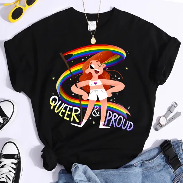 Queer and Proud Print T Shirt LGBT Harajuku Y2K Tops Tee Pride Month Women's Clothing Cute Rainbow Flag T Shirts Camiseta Mujer