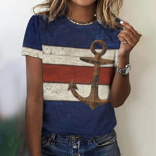 New Summer Fashion Women's T-Shirt 3d Anchor Pattern Printed Casual Round Neck Short Sleeve T-Shirts & Blouse Summer For Lady