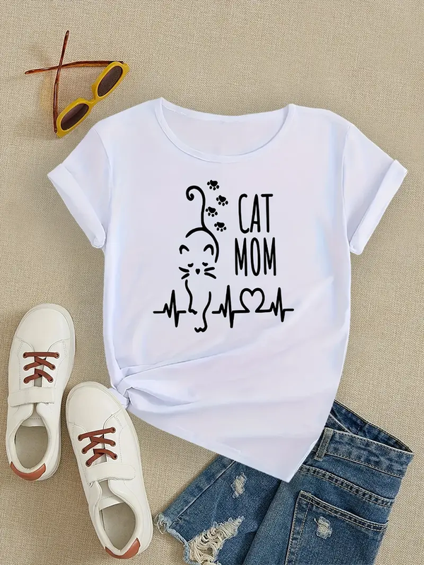 Cat Mom Printed Short Sleeved Casual Women's Fashion Women's Pattern T-shirt Women's Printed Summer T-shirt