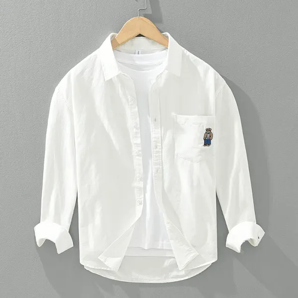 2024 New Bear Embroidery Long Sleeve Shirt for Men Cotton Turn-down Collar Loose Shirts Fashion Men's Clothing