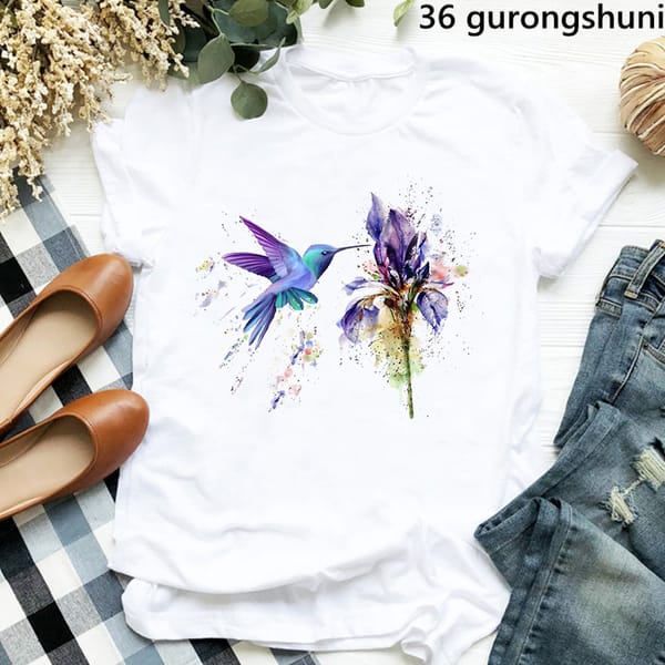 New Women'S Tshirt Funny Hummingbird Floral Watercolor Purple Bird Graphic Print T Shirt Female Fashion Harajuku Women'S Tops