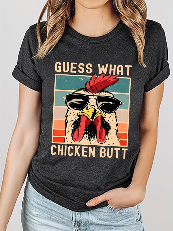 Women's Casual Short Sleeve Chicken & Letter Print T-shirt - Summer Top