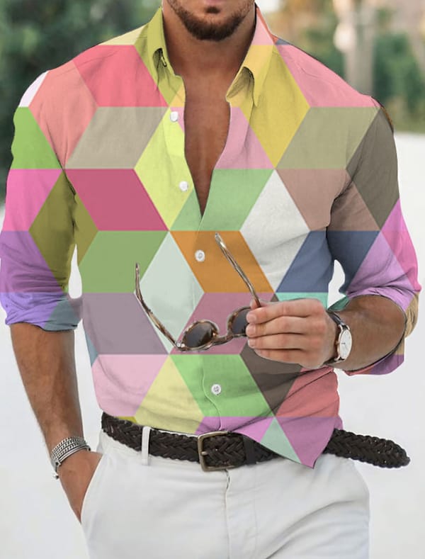 Men's Shirt Graphic Prints Geometry Turndown Street Long Sleeve Print Button-Down Clothing Apparel Tropical Fashion Designer