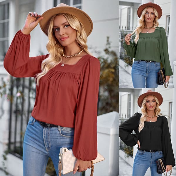Women's Square Collar Slim Long Sleeved Blouse