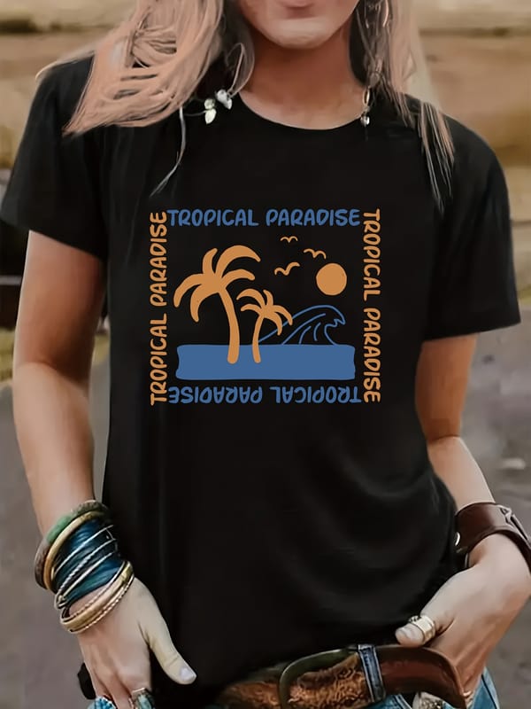 Beach Scenic & Tropical Paradise Print T-Shirt, Casual Crew Neck Short Sleeve Comfort Tee For Spring & Summer, Women's Clothing