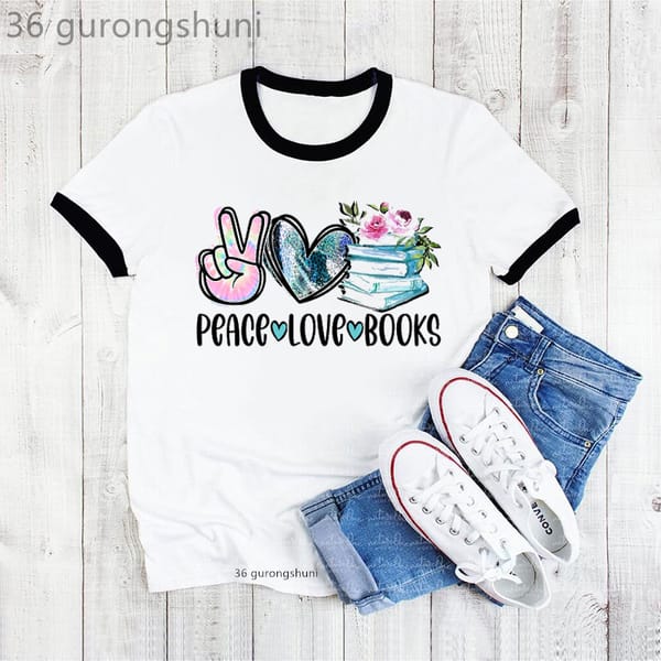 2022 Kawaii Rainbow Peace Love Books Graphic Print Tshirts Women'S Clothing Leopard Pink Flowers T Shirt Femme Harajuku T-Shirt