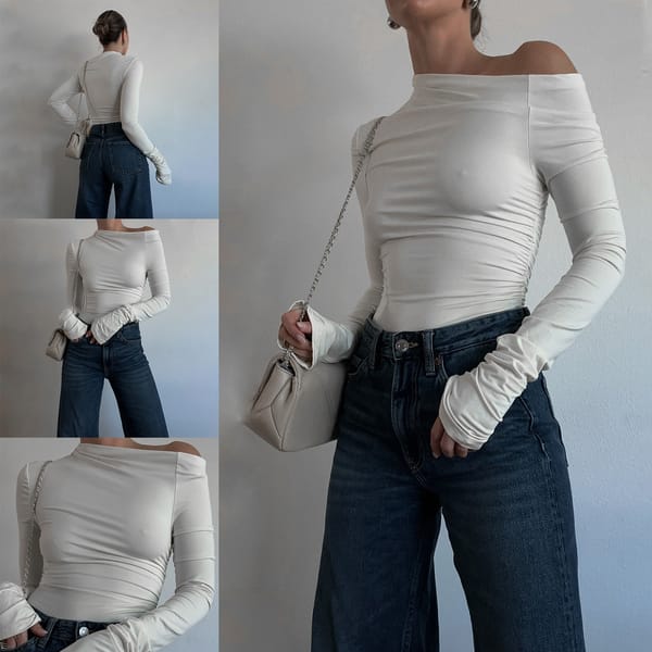Women's Irregular Solid Color Tops Slant Shoulder Long Sleeve Slim T-Shirt Clubwear