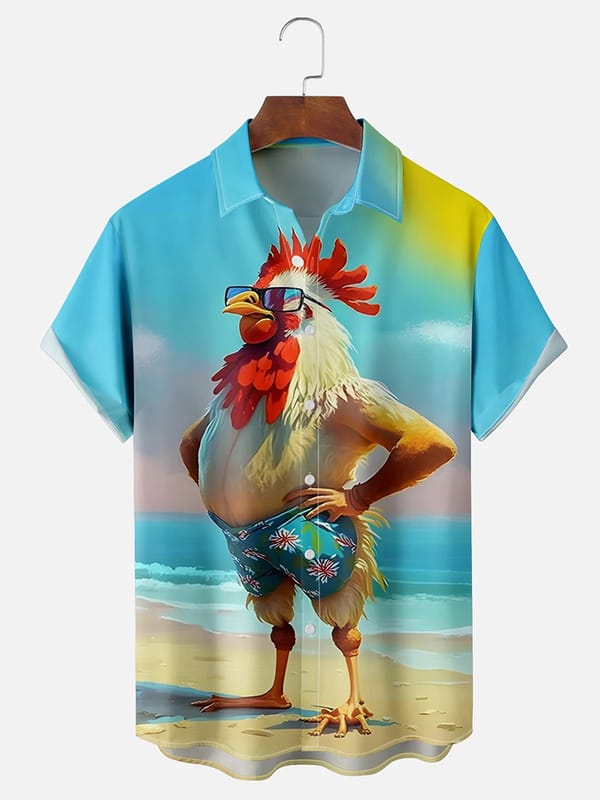 Summer Men's Short Sleeve Shirt Cartoon Chicken Print Men's Hawaiian Short Sleeve Shirt Seaside Fashion Men's Casual Shirt