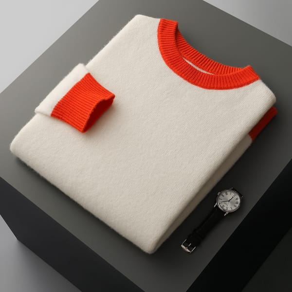 Autumn Winter New Men's Sweater 100% Wool Round Neck Top Casual Knitted Contrasting Color Pullover Long Sleeved Base Sweater